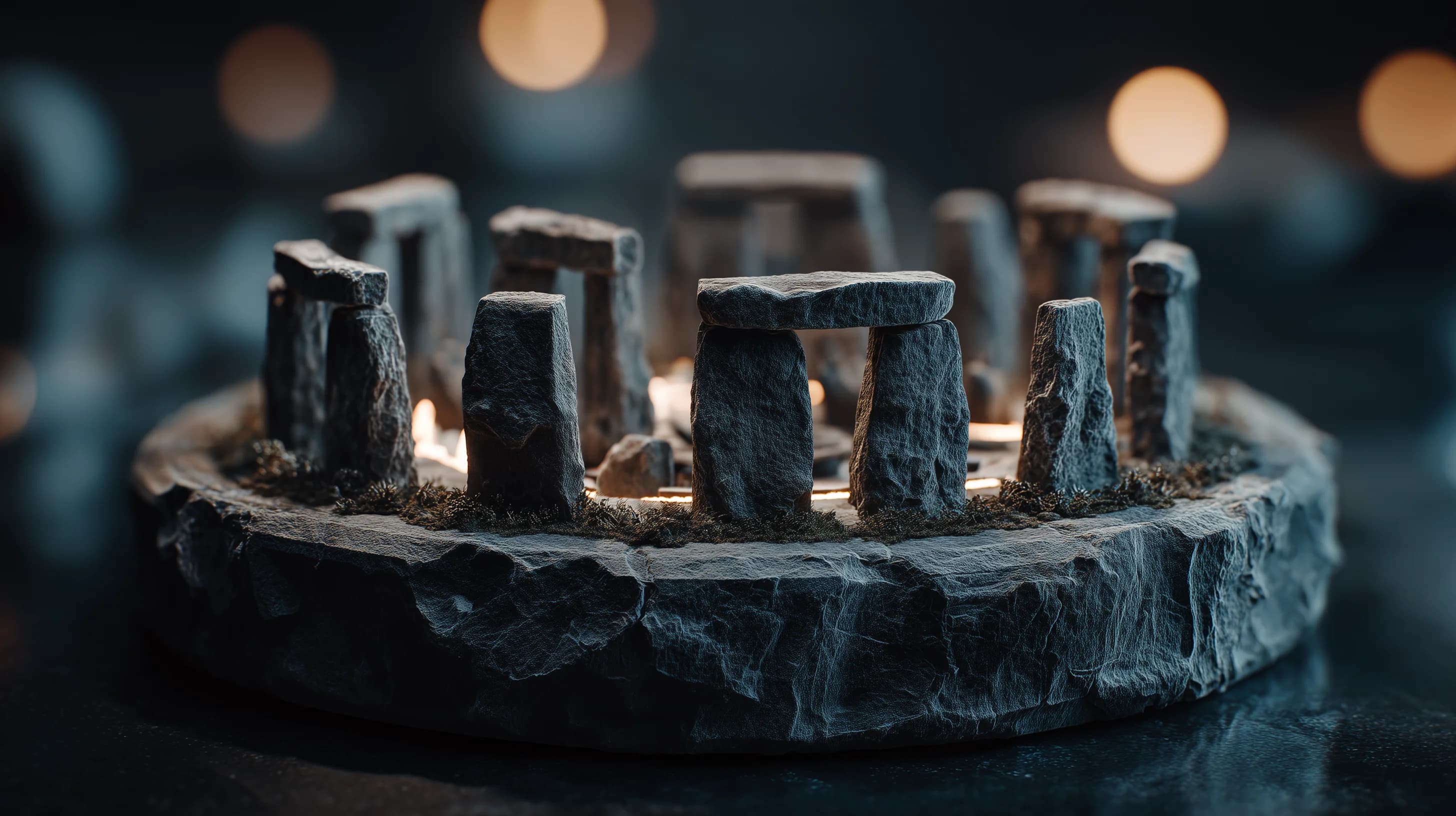 Un cerchio di pietre in miniatura, illuminato dall'interno, su un disco di roccia